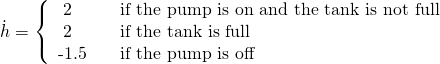 \[\dot{h} = \left\{ \begin{array}{l l} $\phantom{-}2$ & \quad \text{if the pump is on and the tank is not full}\\ $\phantom{-}2$ & \quad \text{if the tank is full}\\ $-1.5$ & \quad \text{if the pump is off}\\ \end{array} \right. \]