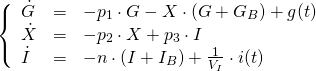  \[ \left\{ \begin{array}{lcl} \dot{G} & = & -p_1 \cdot G - X\cdot(G + G_B) + g(t) \\ \dot{X} & = & -p_2\cdot X + p_3\cdot I \\ \dot{I} & = & -n\cdot (I + I_B) + \frac{1}{V_I}\cdot i(t) \end{array} \right. \] 
