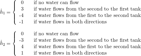 \[\dot{h}_1 = \left\{ \begin{array}{l l} $\phantom{-}0$ & \quad \text{if no water can flow}\\ $\phantom{-}3$ & \quad \text{if water flows from the second to the first tank}\\ $-4$ & \quad \text{if water flows from the first to the second tank}\\ $-1$ & \quad \text{if water flows in both directions}\\ \end{array} \right. \] \[\dot{h}_2 = \left\{ \begin{array}{l l} $\phantom{-}0$ & \quad \text{if no water can flow}\\ $-3$ & \quad \text{if water flows from the second to the first tank}\\ $\phantom{-}4$ & \quad \text{if water flows from the first to the second tank}\\ $\phantom{-}1$ & \quad \text{if water flows in both directions}\\ \end{array} \right. \]